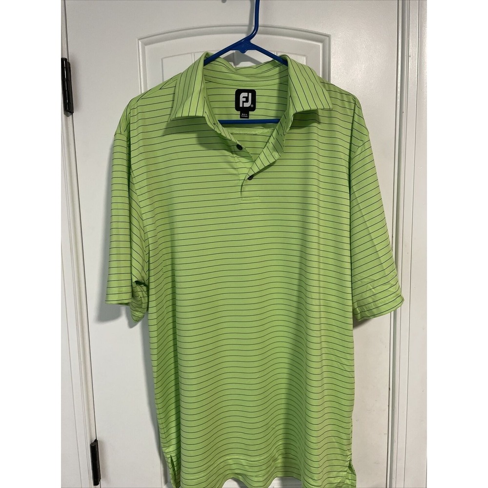 FJ FootJoy Men's M Lime Green Striped Performance Polo Shirt‎ Short Sleeve